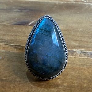 Vintage Style Genuine Labradorite Ring Size 5.5 Statement Silver 925 Plated Boho